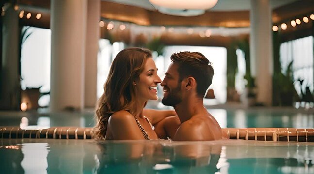 Junges Paar genie&szlig;t den Sommerurlaub im Hotelpool