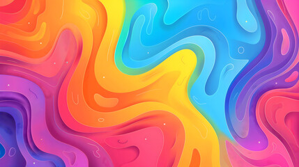 A lively abstract rainbow gradient with swirling patterns and Happy Pride Month text in the center