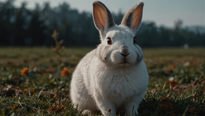 A white rabbit is sitting on green grass and looking at the camera.

 - Powered by Adobe