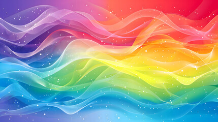 A rainbow color gradient background with dynamic wave patterns and Happy Pride Month text
