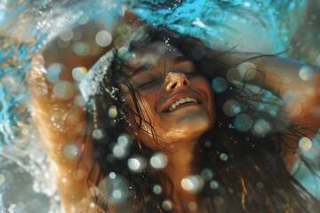 Woman that is standing under a blue umbrella. Positive background 