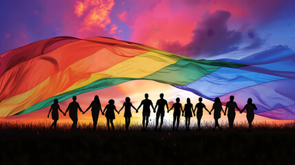 A silhouette of people holding hands with a large rainbow flag stretched out behind them