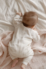 Top view of a baby wearing pajamas in white color, mockup