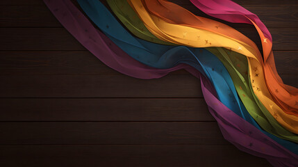 Aerial view of a pride rainbow flag placed on a dark wooden table