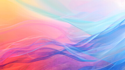 An abstract rainbow gradient background with soft, flowing lines and Happy Pride Month text