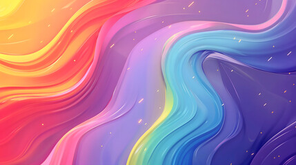 An abstract rainbow gradient background with soft, flowing lines and Happy Pride Month text