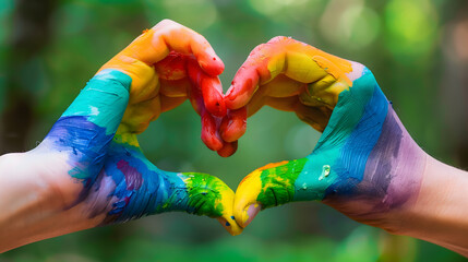 Close-up of hands painted in rainbow colors forming a heart shape, with Happy Pride Month text overlay