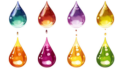 Set of glossy cartoon water drop icons, colorful water drop png isolated on transparent background