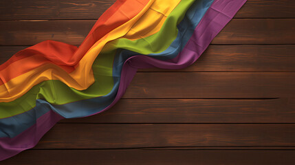 High-angle shot of a pride rainbow flag on a weathered wooden table