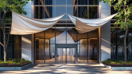 An office building entrance adorned with artistically designed fabric awnings that provide shade...