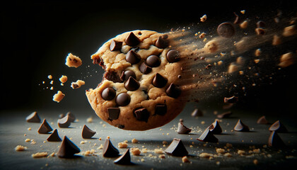 a partially eaten chocolate chip cookie with a bite taken out, floating in mid-air against a dark background