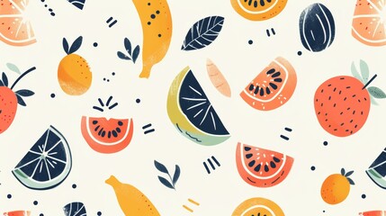 Colorful Citrus Fruits and Leaves Illustration on White Background