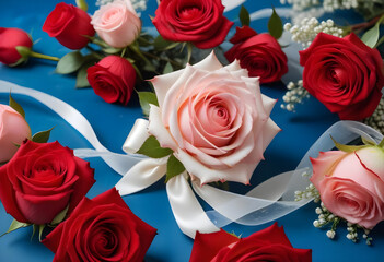 Creative layout made of roses and various flowers .Flat lay delicate colors bouquet aesthetic wrap in silk and net