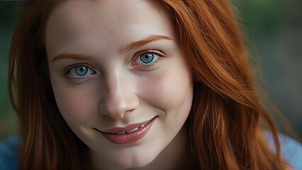 Radiant Young Woman with Red Hair and Blue Eyes: Captivating Portrait.