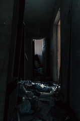 destroyed and burned houses in the city in Ukraine