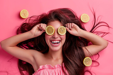 Woman smiling playfully with lemon slices in her eyes on pink background