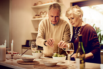 Home, dinner and old couple eating on date of anniversary in retirement with wine and healthy food....