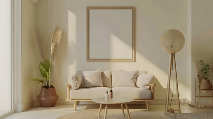 Warm and cozy composition of living room interior with mock up poster frame modular sofa wooden coffee table round rug beige wall modern rack and personal accessories Home decor Templa : Generative AI