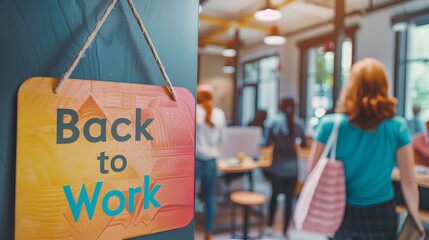 A zoomed-in image of a colorful "Back to Work" sign hanging on the office door, with employees eagerly entering the workspace in the background.