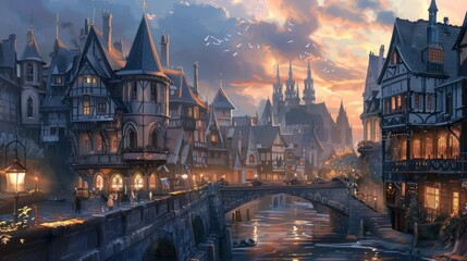 Fototapeta premium Medieval cityscape, 3D digital art style AI Generated image