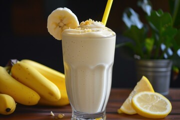 Delicious banana smoothie topped with banana slices, served in a tall glass with fresh bananas in the background