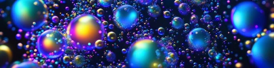 The dark backdrop serves as the perfect contrast to the vibrant rainbow bubbles that seem to hover and shimmer with light.