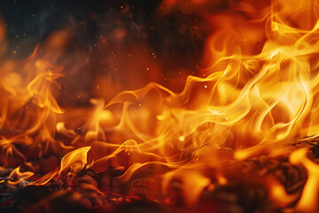 A detailed view of a roaring fire set against a stark black backdrop, showcasing the fierce flames and glowing embers in intricate patterns