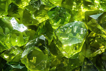 Сlose-up of a pile of vivid green crystals, showcasing their unique texture and vibrant color