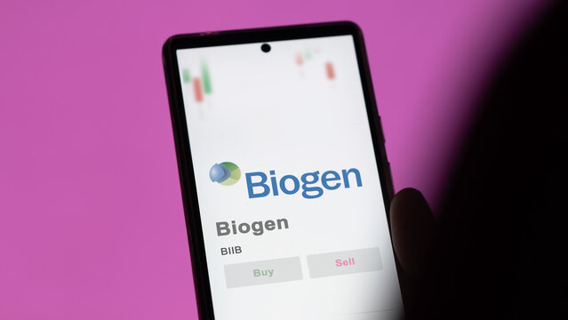 April 09th 2024 , Cambridge, Massachusetts. Close up on logo of Biogen on the screen of an exchange. Biogen price stocks, $BIIB on a device.