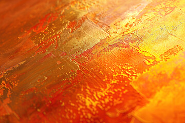 Close up view of an abstract painting with vibrant orange and gold colors blending together in...