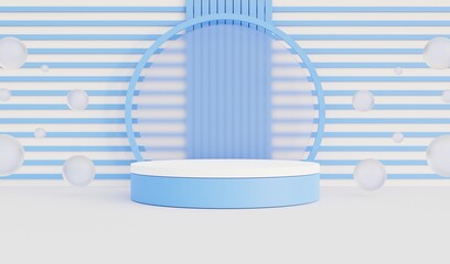 White and blue cylindrical podium for displaying cosmetics, advertising, 3D illustration