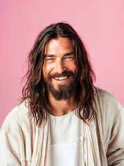 A smiling man who looks like Jesus on a pink background. Modern interpretation of the Christian religion. Faith in God