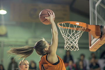 A female basketball player is in mid-air