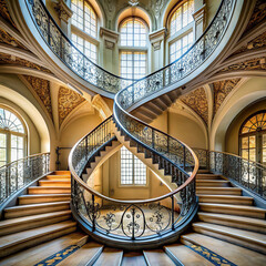 A regal staircase with a sweeping double helix design, symbolizing harmony and balance in architecture.