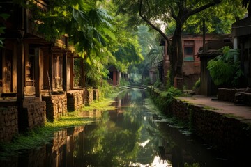 Fototapeta premium A Serene View of a Rustic Mud-Brick Village Surrounded by Verdant Nature and a Babbling Brook