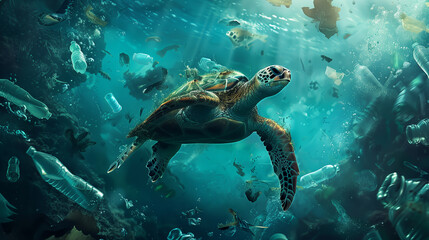 Sea Turtle Swimming Amongst Plastic Pollution