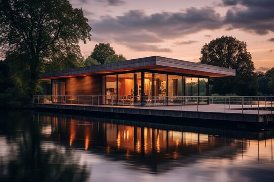 A Rustic Boathouse Perched on the Riverside Amidst Verdant Foliage Under a Softly Colored Evening Sky