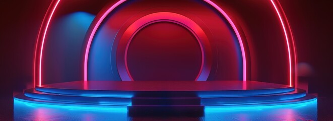 A futuristic neon blue and red circular arch with glowing lights on the sides of an empty podium stage in front of a dark wall.