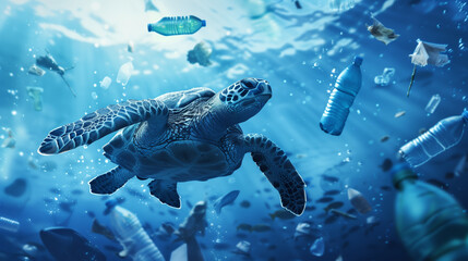 Fototapeta premium Sea Turtle Swimming Amongst Plastic Pollution