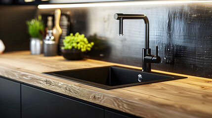 Wooden kitchen countertop with black sink and tap and decorations : Generative AI