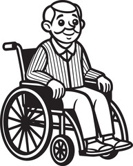 Old Man in Wheelchair - Black and White Cartoon Illustration, 