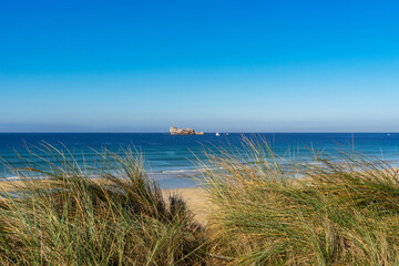Derrière les hautes herbes de la plage de Pen Hat, le bleu du ciel et de la mer d'Iroise se confond, offrant une vue magnifique sur le rocher du Lion.