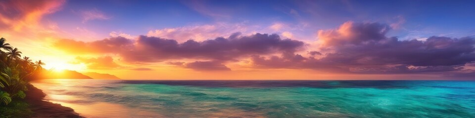 A dreamlike portrayal of a tropical dusk, the sky painted in a palette of fiery hues as it kisses the tranquil sea, creating an abstract summer masterpiece.