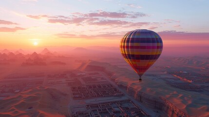 A hot air balloon is flying over a city at sunset