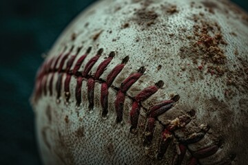 Revealing Baseball extreme closeup photo. Brown ball with red thread stiches. Generate ai