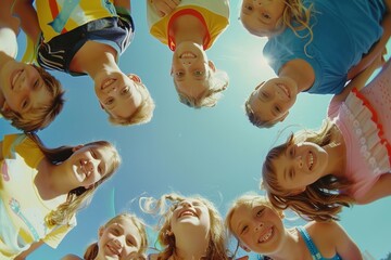 Group of happy kids having fun together. Top view. Summer holidays.