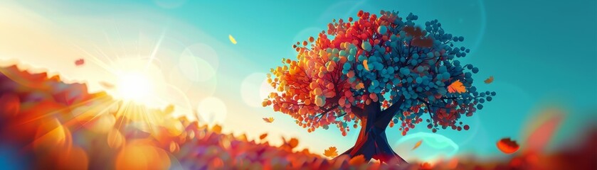 A beautiful and colorful tree with a blue sky and orange sun in the background.