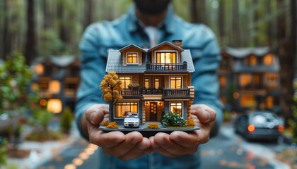 Businessman holding a big house model for advertisement.