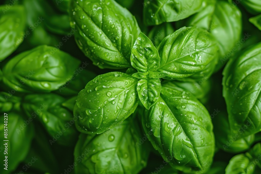 Poster leafy basil leaves background. salad macro. generate ai