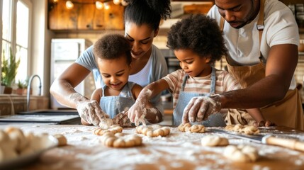 The family, wearing hats, is cooking together in the kitchen, sharing recipes and ingredients, preparing delicious food with smiles on their faces. AIG41 - Powered by Adobe